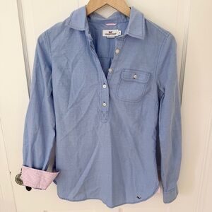 Vineyard Vines Chambray Blue Popover Pullover 1/2 Button Top Pink Gingham Size 0